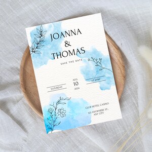 Blue Watercolor Wedding Invitation Template, Printable Watercolor Wedding Invite, White and Blue Invitation, Editable Template