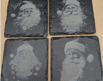 Conjunto de 4 porta-copos de Natal em ardósia gravados a laser com desenhos do Papai Noel
