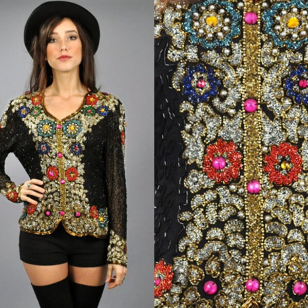 Vtg 1990's ORNATE Beaded Jewel Encrusted SILK Blouse Top Black Silver Gold Magenta Red