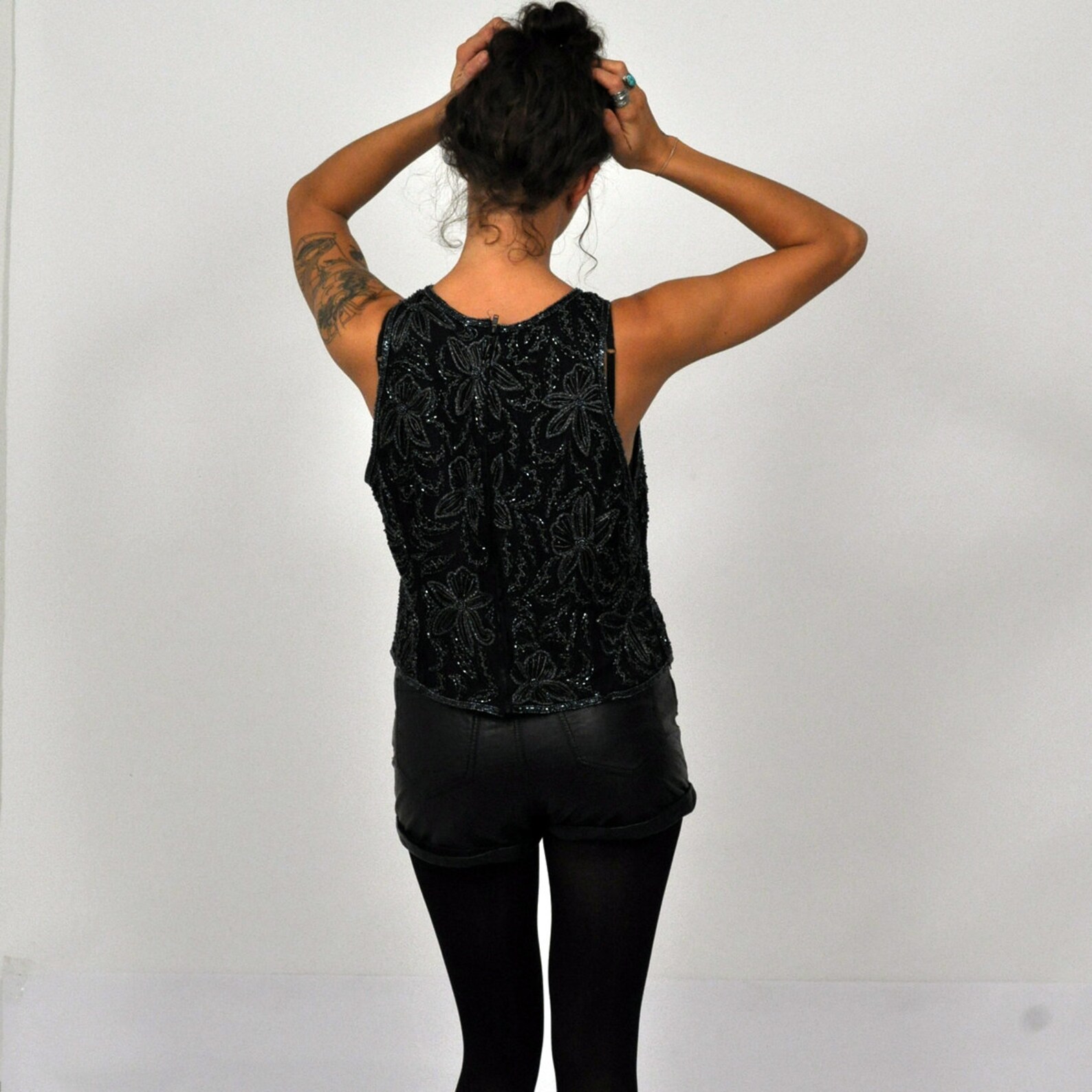 SALE Vtg 90s Formal BLACK SEQUIN Beaded Flower Tank Top Free | Etsy