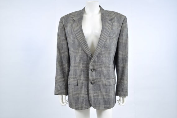 1990's Italian Men's PLAID GREY Full Suit Jacket P