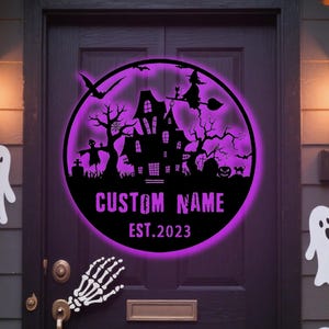 Personalized Halloween Metal Bat Sign: Witch & Castle Wall Art