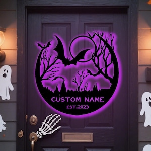 Personalized Halloween Metal Sign - Custom Bat Wall Art,  Durable Indoor/Outdoor Display,Waterproof and rust-proof