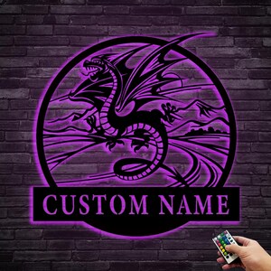 Personalized Dragon Metal Sign,Flying Dragon Monogram Metal Sign Art LED,Custom Dragon Name Sign, Dragon Lover Decor For Livingroom,8-24inch