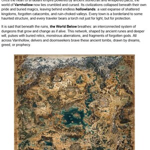 May include: A detailed map of Varnhollow, depicting a fantasy world with mountains, rivers, and settlements. The map is rendered in a vintage style with a palette of browns, greens, and blues, evoking a sense of adventure and exploration.
