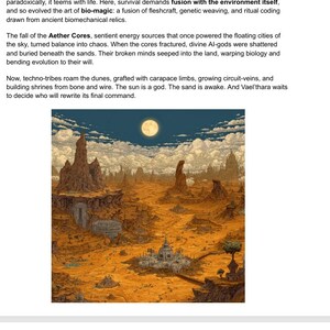 May include: An artistic depiction of a desert landscape under a bright sun. The image features towering rock formations, a city, and a vast, arid expanse, evoking a sense of desolation and mystery.