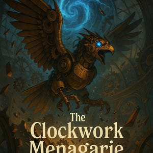 May include: An illustration of a mechanical bird with bronze wings and blue eyes, set against a backdrop of gears and a swirling blue energy field. The text reads "The Clockwork Menagerie" and "A D&D 5e One-Shot Adventure".
