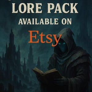 May include: Digital artwork advertising the "Shatterveil Lore Pack" available on Etsy. It depicts a cloaked figure with glowing blue eyes reading a book, set against a dark, foreboding landscape with a castle silhouette.