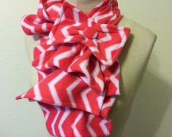 Ruffled Bow Scarf - Fleece chevron print coral-pink and white -  Made-to-order