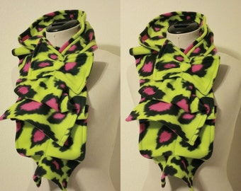 Ruffled Bow Scarf - Fleece neon leopard print lime and hot pink-  Made-to-order