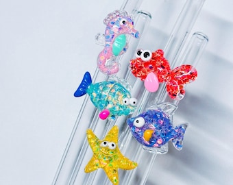 Glass Straw Reusable 3D Fish ocean Design, Eco-friendly Summer Drink Accessory, Durable and Cute Tumbler Straw