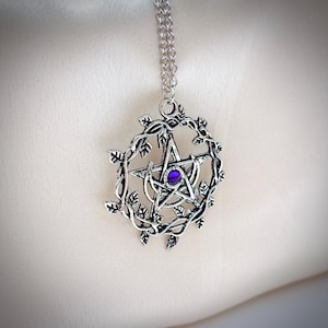 Wiccan Pentacle Necklace: Amethyst Crystal, Silver Vine Star Talisman