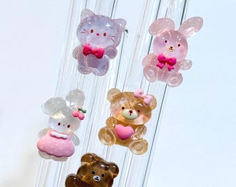 Bear and Bunny Glass Straw: Reusable Cute Glass Straw- Straw with Charm- Reusable Straw- Reusable Tumbler Straw-Party Decor-Home Decor