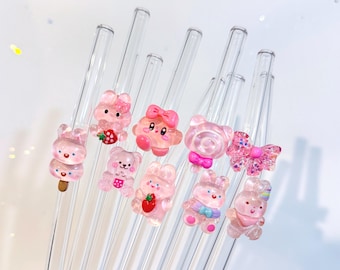 Bunny Handmade Glass Straw: Reusable Pink Party Straw- Cute Girl Straw with Charm- Reusable Straw- Tumbler Straw- Replacement Straw
