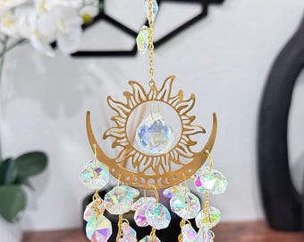 Crystal Crescent Moon Suncatcher: Gold Sun Window Prism - Boho Decor
