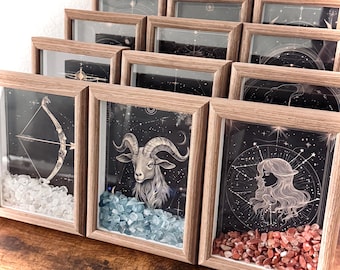Framed Zodiac Art with Healing Stone: Horoscope Art with Healing Stones - Birthday Gift Idea - Desk Decor - Home Decor- Room Decor