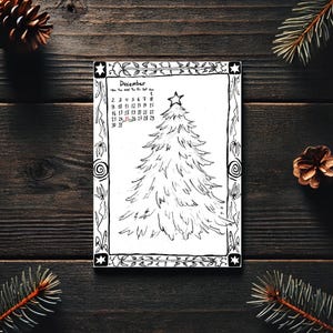 Calendário de contagem regressiva de Natal para impressão com árvore desenhada à mão, cartão de felicitações de Natal, cartão de felicitações festivo – Arquivo digital