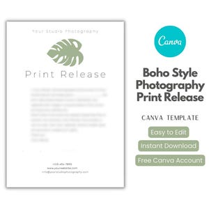 Photo Print Release Form for Photography Clients Editable Canva Template, Print Release Boho Style Canva Template, Photography Print Release