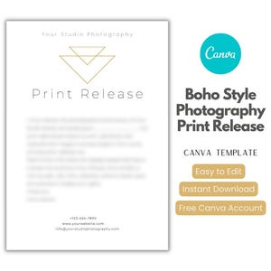 Photo Print Release Form for Photography Clients Editable Canva Template, Print Release Boho Style Canva Template, Photography Print Release