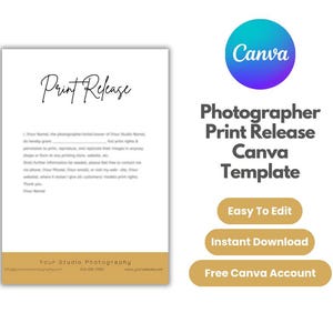 Photo Print Release Form for Photography Clients Editable Canva Template, Print Release Boho Style Canva Template, Photography Print Release