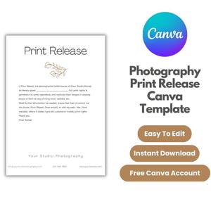 Photo Print Release Form for Photography Clients Editable Canva Template, Print Release Boho Style Canva Template, Photography Print Release