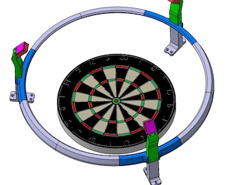 May include: A dartboard with a black, red, and green bullseye surrounded by a white ring and numbered sections. The dartboard is mounted on a silver metal frame with three blue and green supports.
