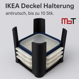 Peut inclure: Un organisateur de conteneurs en plastique noir contenant plusieurs récipients de conservation des aliments blancs et bleus. L'organisateur a une base carrée et quatre supports verticaux. Le texte de l'image indique "IKEA Deckel Halterung" et "antirutsch, bis zu 10 Stk."