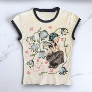 Cottage Core Y2k Baby Tee, Emo Crop top, Gotycka koszulka z kwiatowym wzorem dla kobiet, Estetyczna koszulka graficzna, Koszulka Shoujo, Unikalna koszulka dla dziewczynek z anime Lo-fi