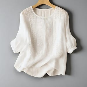 Damen Blumenstickerei Bluse, O-Ausschnitt 3/4 Ärmel Baumwolle Tunika, Elegante Sommer-Arbeitskleidung Top, Lässiges lockeres Boho Chic Shirt