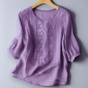 Women's Vintage Floral Embroidered Blouse - Cotton Linen 3/4 Sleeve Boho Top