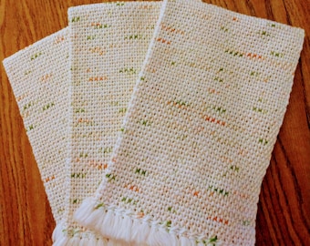 Handwoven Cotton Hand Towel Set, Off-White with Green and Rust