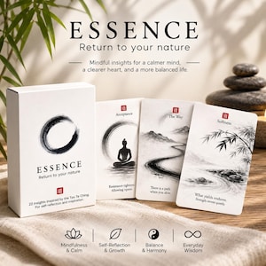 May include: A white box and three cards from the ESSENCE deck, featuring black ink brush illustrations and text. The box displays the title ESSENCE, Return to your nature, and 22 insights inspired by the Tao Te Ching. Cards show Acceptance, The Way, and Softness with meditative imagery.