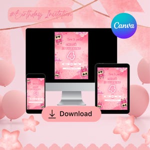 Editable Pink Birthday Invitation for Girl – Cute Labubu Theme – 4th Birthday Party Invite – Canva Template – Instant Digital Download