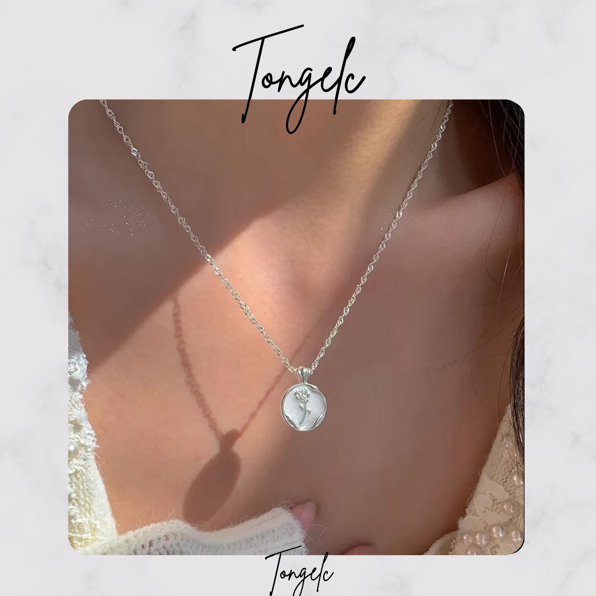 [leeENoir] 韓国☆925silver☆Round Rose Necklace Elegant Korean-style 925 Sterling Silver Rose Necklace
