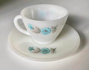 Vintage Fire King Milk Glass - Cup and Saucer - Bonnie Blue - Anchor Hocking