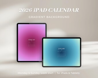 Kalender 2026 voor iPad en tablet | Aurabehang met kleurovergang | Maandelijkse achtergrond | Maandag + zondag Weekstart | Digitale download