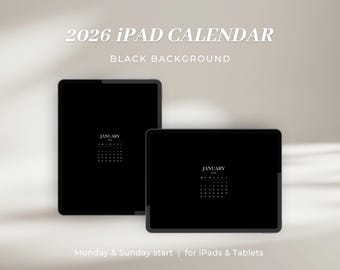 Kalender 2026 voor iPad en tablet | Minimalistisch zwart behang | Maandelijkse achtergrond | Maandag + zondag Weekstart | Digitale download