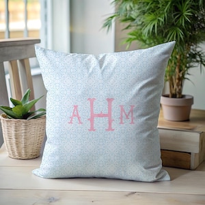 Blue and Pink Custom Monogram Spun Polyester Square Pillow,  Personalized pillow, girly dorm decor, preppy aesthetic, coastal aesthetic