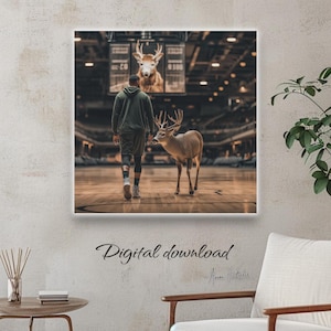 Giannis Modern Home Decor for Christmas 2024 Digital Art on Empty Milwaukee Bucks Basketball Court With Deer Buck