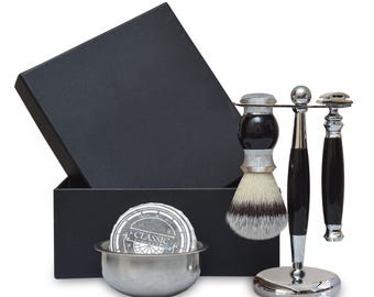 Handmade 5pc Shaving Kit for Men Badger Shaving Brush DE Safety Razor Shaving Stand Stainless Steel Shaving Bowl & Shaving Soap Gift for Him