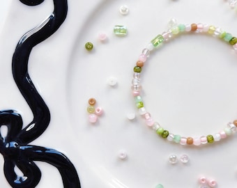 Handmade Glass Bead Bracelet: Earthy Green & Pink Jewelry