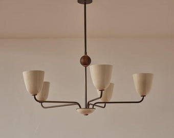 1950s Mid-Century Modern Brass Chandelier | Mid Century Elikei 5-Light Pendant | Stilnovo Ceiling Fixture