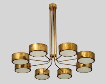 1950&#39;s Mid Century Drum Brass Chandelier Industrial Diabolo Sputnik Italian Stilnovo Kalmar Chandelier Handmade Vintage Ceiling Fixture