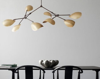 1950&#39;s Mid Century Stilnovo Style 8 Arm Curved Disk Shade Branch Sputnik Chandelier Light Fixture Brushed Brass Chandelier