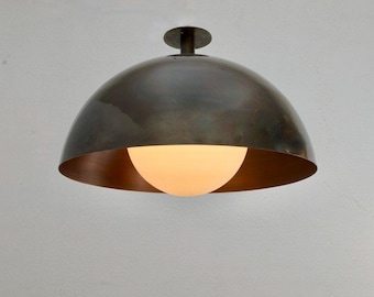 Mid Century Modern Flush Mount Ceiling Light | Blackened Brass Dome with Milk Glass Globe | Minimalist Handcrafted Lighting Fixture