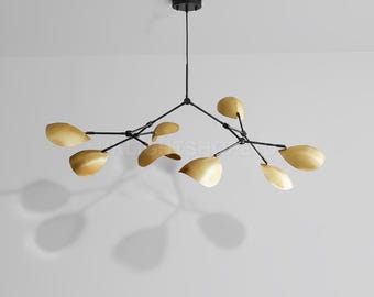 1950's Mid Century Stilnovo Style 8 Arm Curved Disk Shade Branch Sputnik Chandelier Light Fixture Brushed Brass Chandelier