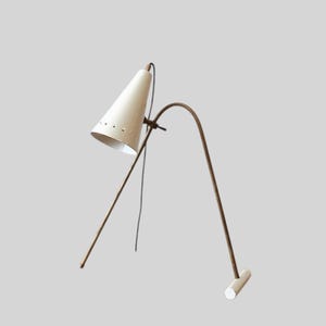 Può includere: Una lampada da tavolo in metallo bianco con un paralume a forma di cono e un braccio lungo e curvo. La lampada ha una base in ottone e un cavo nero.