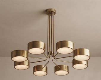 Mid Century Modern Brass Chandelier | 8-Light Drum Shade Pendant | Minimalist Ceiling Fixture | Retro Dining Room Statement Light