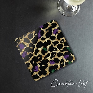 Juego de posavasos, posavasos con estampado de leopardo, posavasos de madera de corcho, decoración del hogar, accesorios de mesa, regalo de inauguración de la casa, posavasos con estampado animal