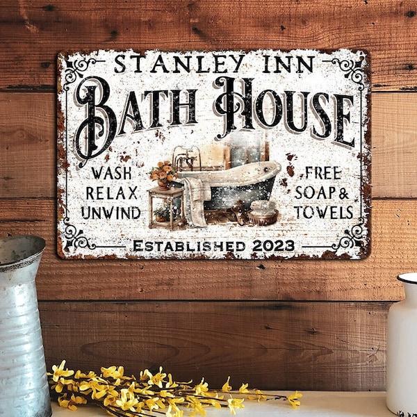 Personalized Custom BATH HOUSE Metal Bathroom Sign Decoration Modern Farmhouse Industrial Primitive Rusted Decor Rustproof Warp Proof